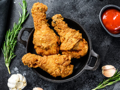 Spicy Deep Fried Breaded Chicken drumsticks. Black background. Top view.